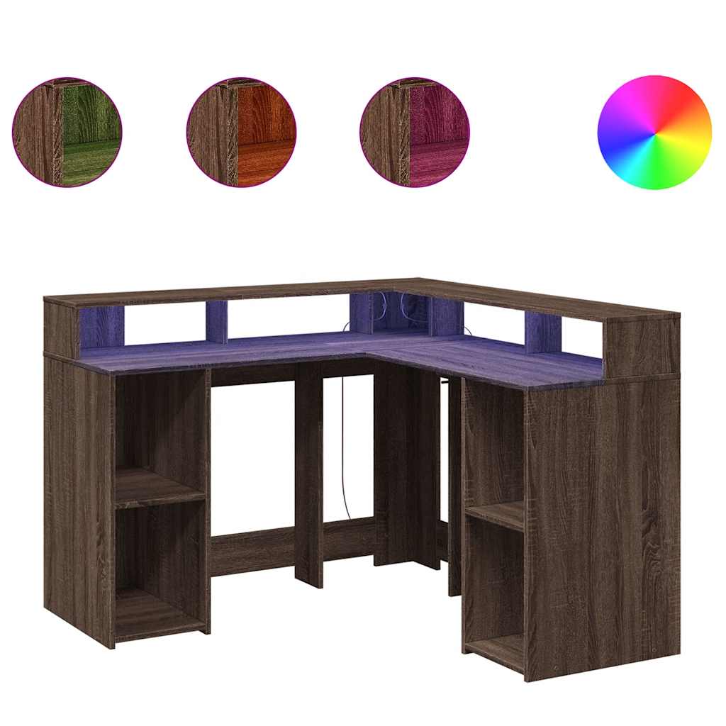Radni stol LED svjetlima smeđa boja hrasta 130x130x91 cm drveni