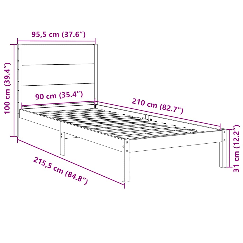 Dugi okvir kreveta bez madraca bijeli 90x210 cm masivno drvo