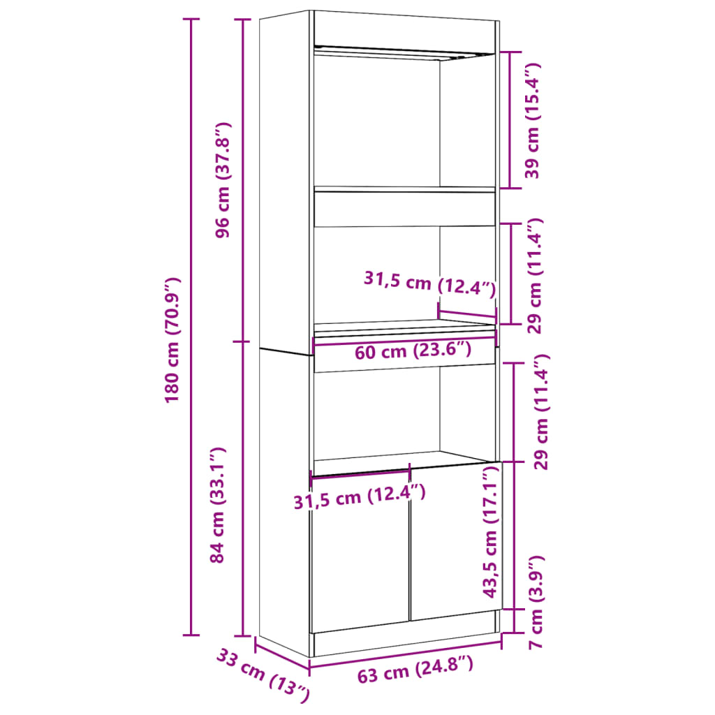 Visoka komoda boja hrasta 63x33x180 cm od konstruiranog drva