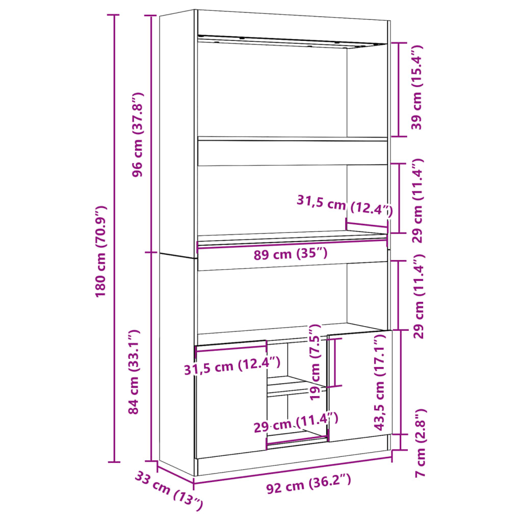 Visoka komoda boja hrasta sonome 92x33x180cm konstruirano drvo