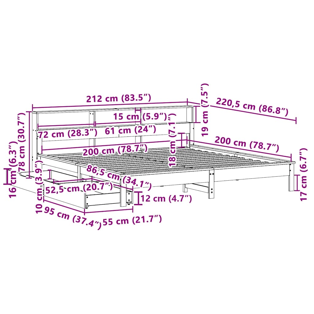 Krevet s regalom za knjige bez madraca 200x200 cm od borovine