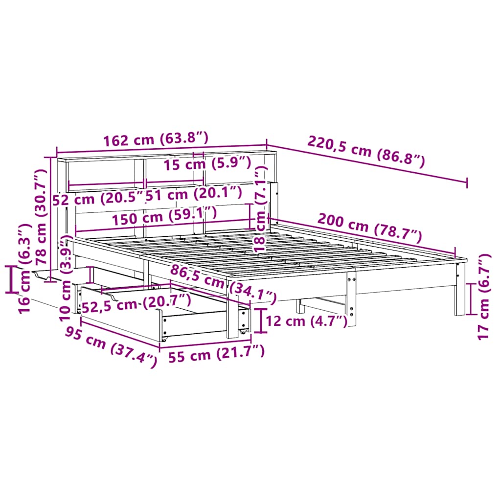 Krevet s regalom z knjige bez madraca bijeli 150x200cm borovina