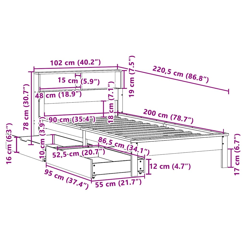 Krevet s regalom za knjige bez madraca bijeli 90x200cm borovina