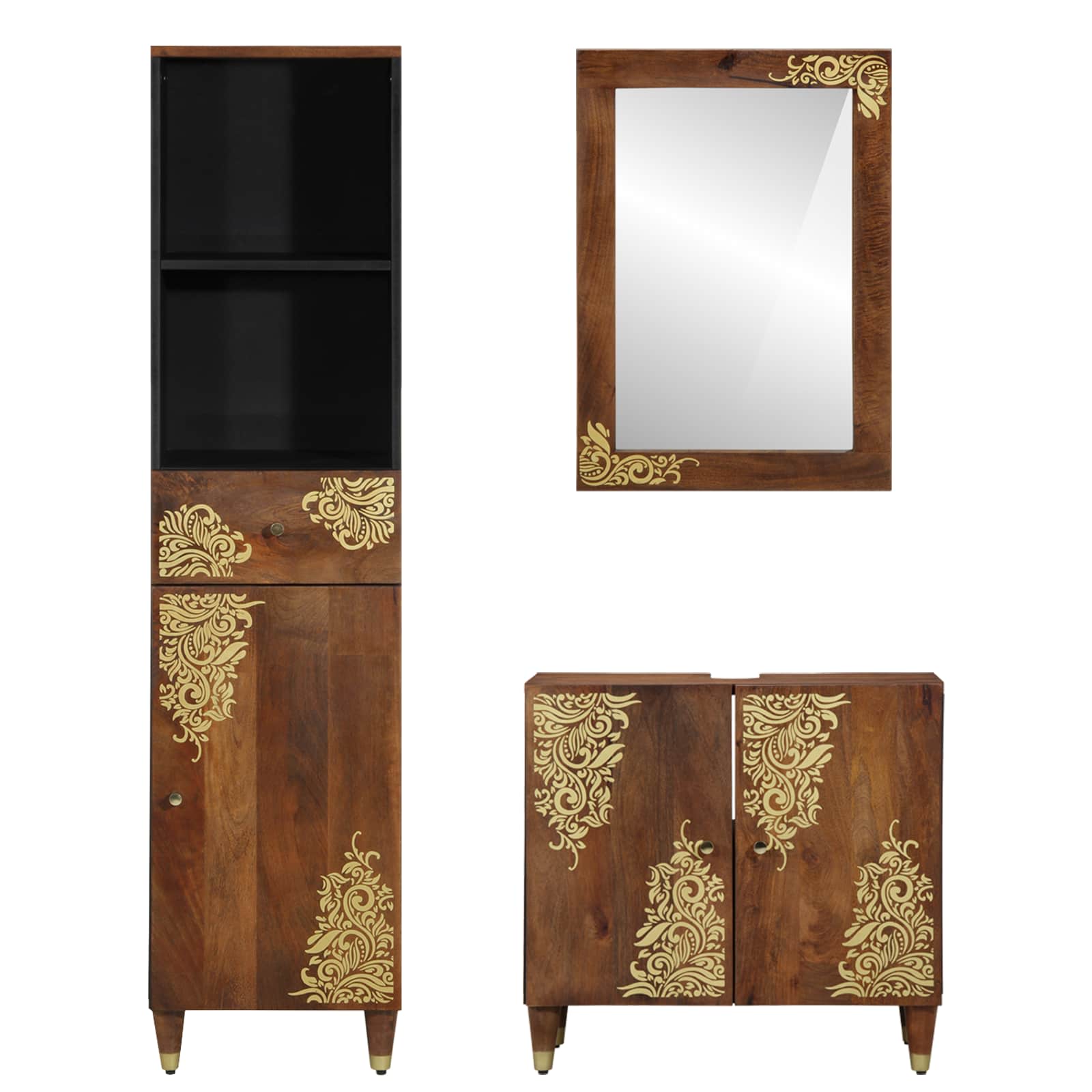 Set ormarića za kupaonicu 3 pcs Medeno smeđa Čvrsto drvo manga
