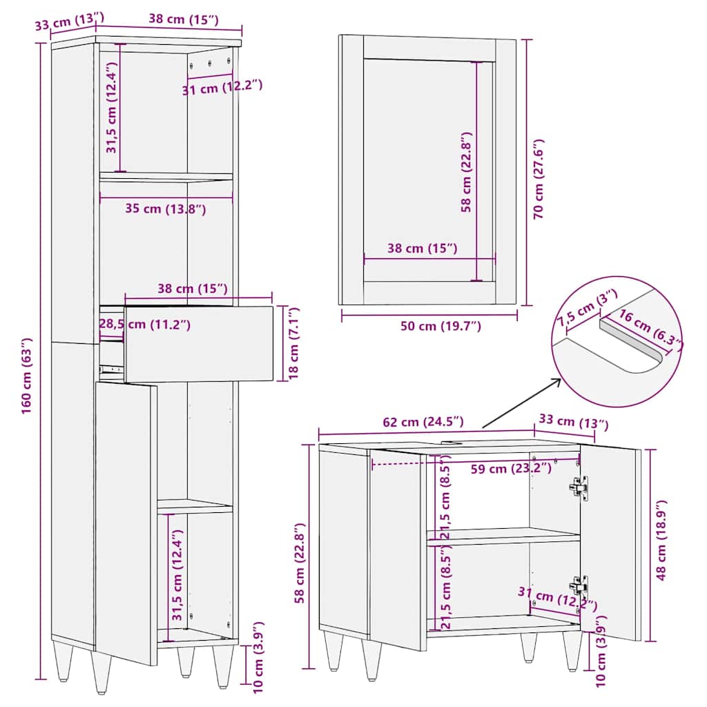 Set ormarića za kupaonicu 3 pcs Medeno smeđa Čvrsto drvo manga