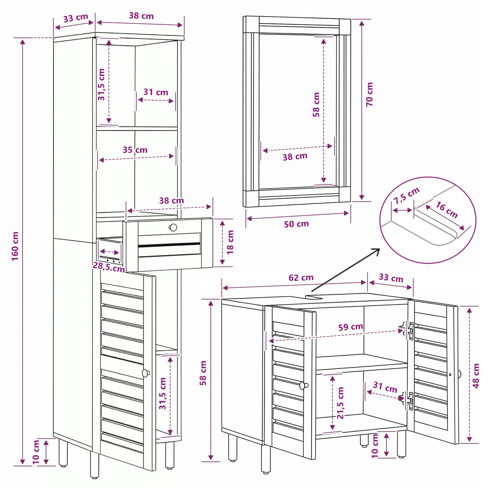 Set ormarića za kupaonicu 3 kom. Prirodna 38 x 33 x 160 cm