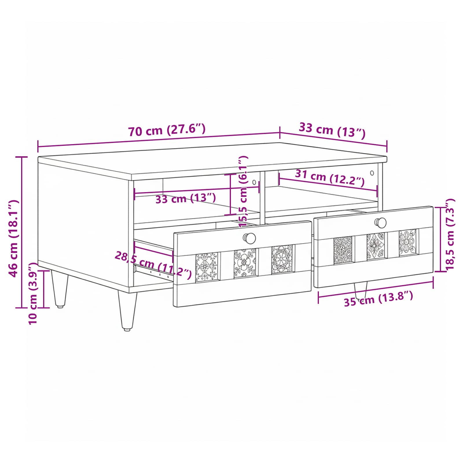 TV ormar s ladicama Orah 70 x 33 x 46 cm Čvrsto drvo manga