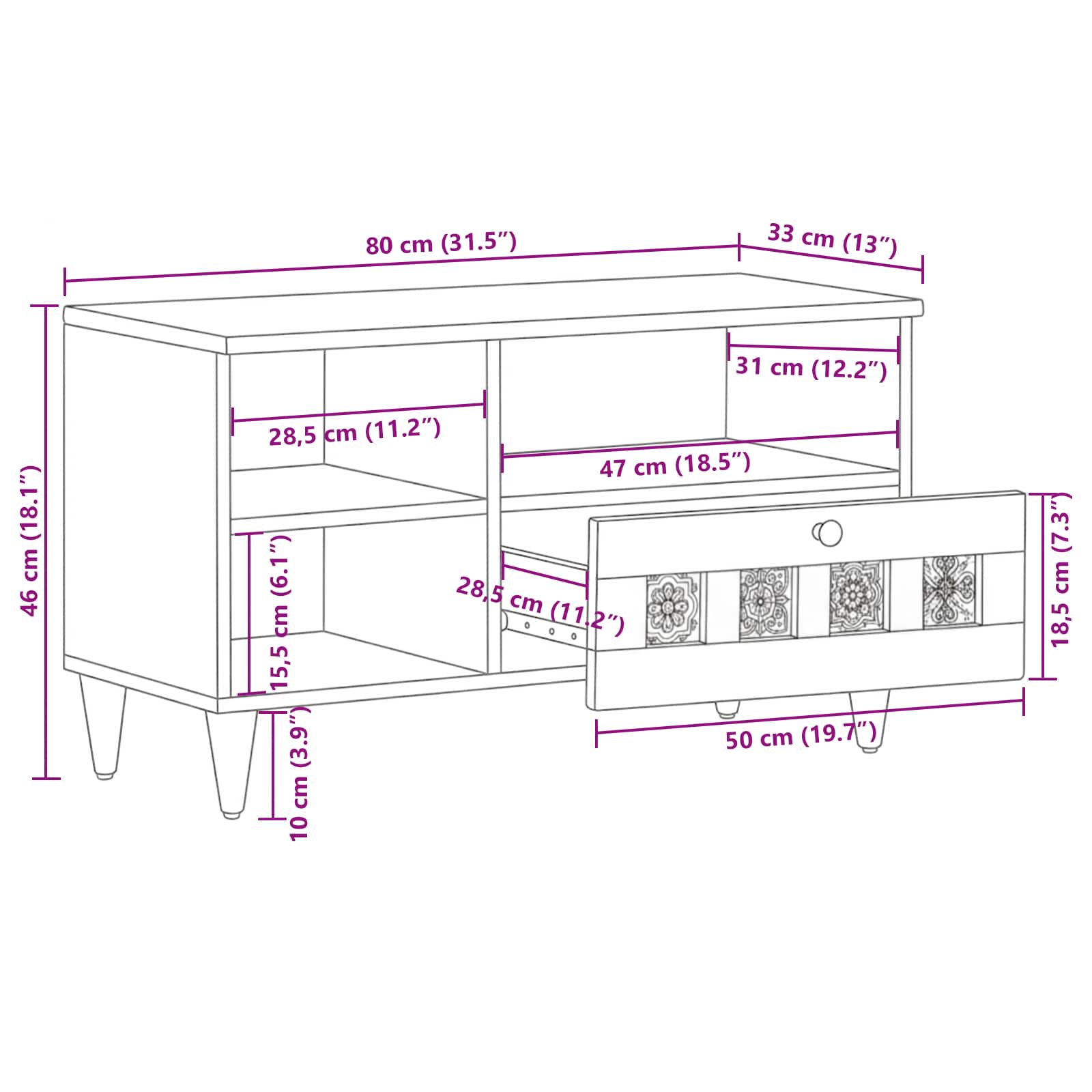 TV ormar s ladicama Orah 80 x 33 x 46 cm Čvrsto drvo manga