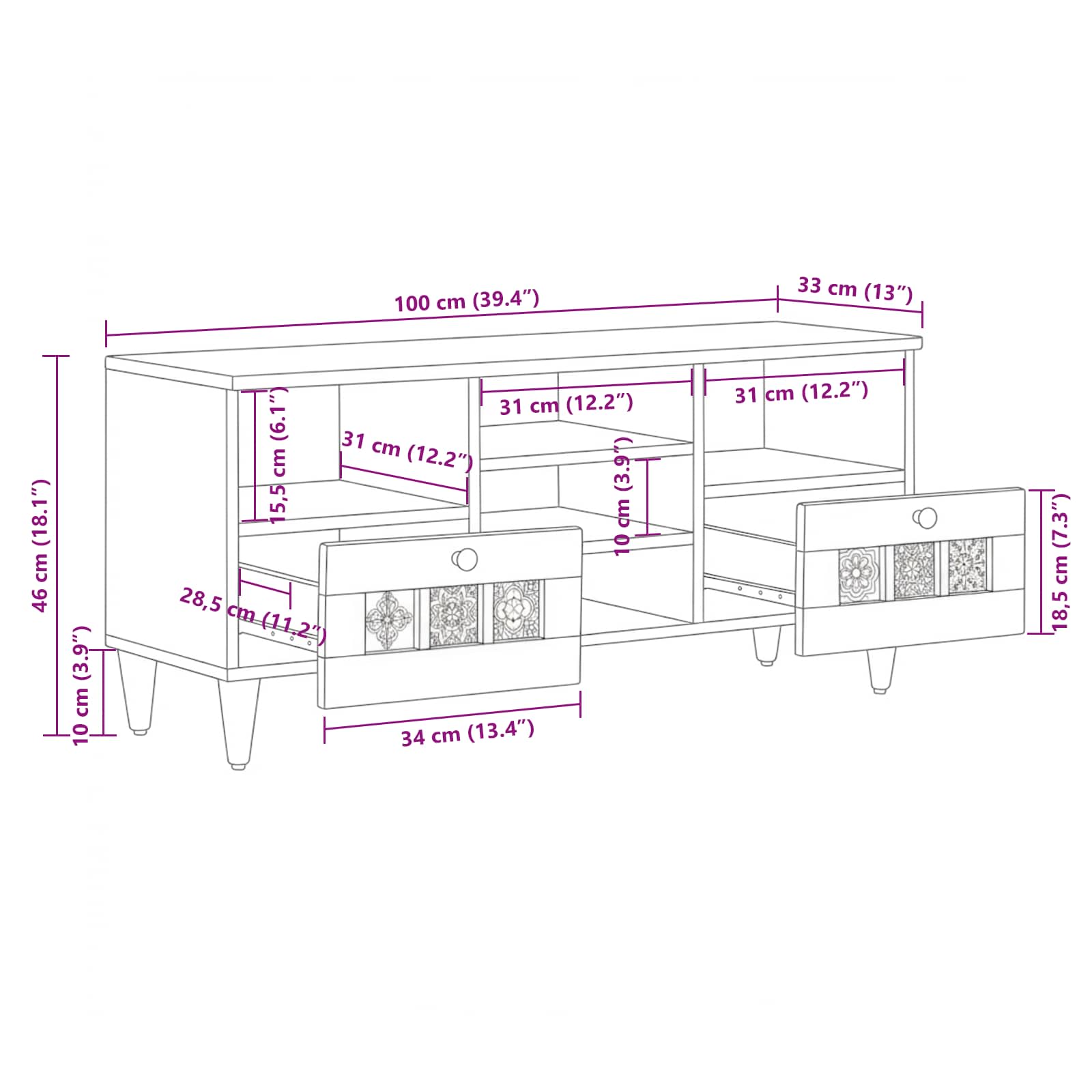 TV ormar s ladicama Orah 100 x 33 x 46 cm Čvrsto drvo manga