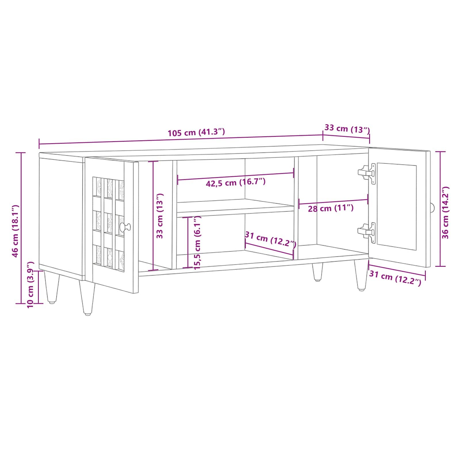 TV ormar s policom Prirodna 105 x 33 x 46 cm Čvrsto drvo manga