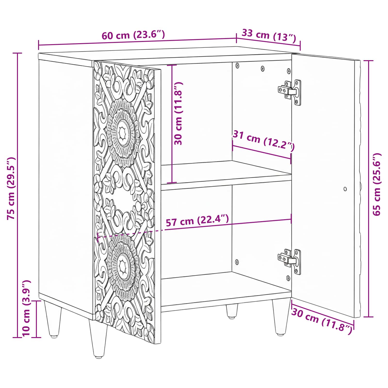 Sideboard za Pohranu Smeđa 60 x 33,5 x 75 cm Čvrsto drvo manga