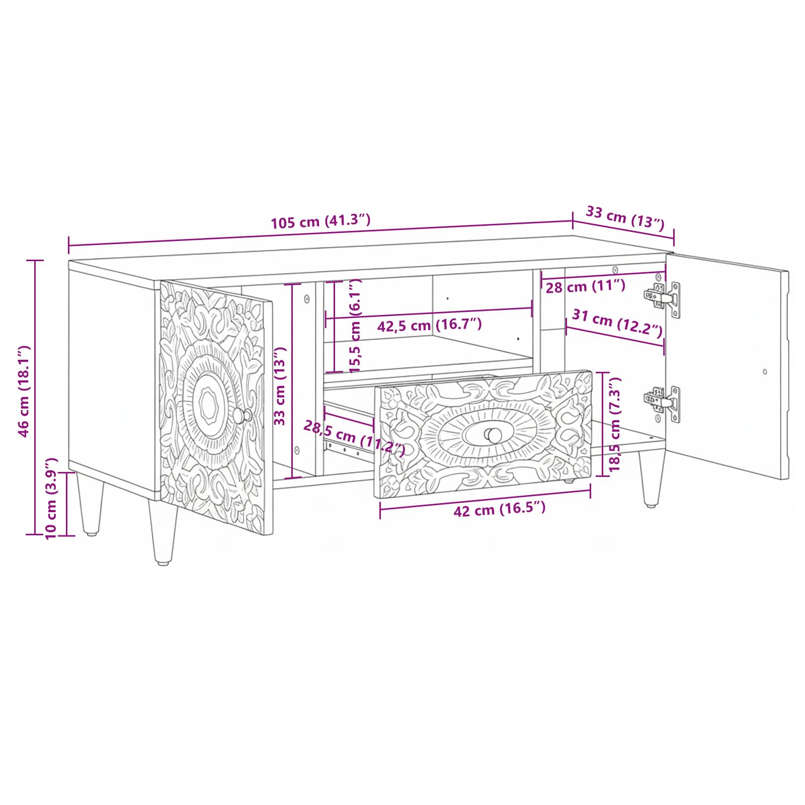 TV ormar s ladicama Bijelo 105 x 33,5 x 46 cm Čvrsto drvo manga