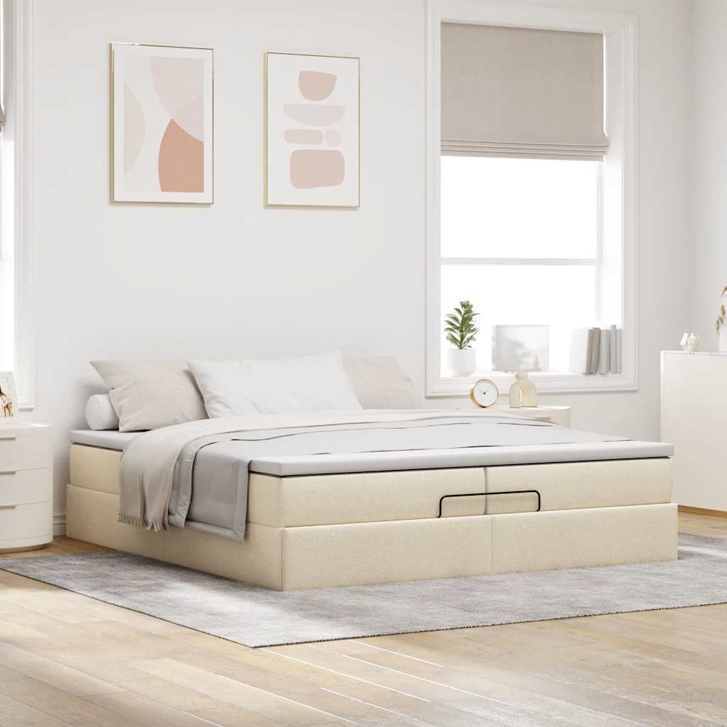 Otomanski okvir kreveta s madracima krem 200x200cm od tkanine