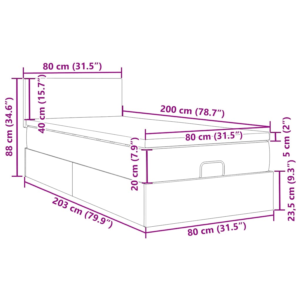 Otomanski krevet s madracem i LED svijetlosiva 80x200cm tkanina
