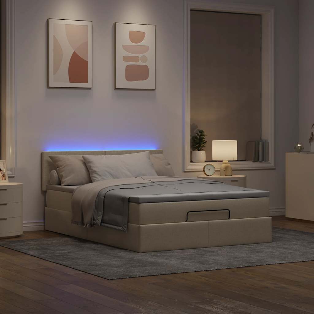 Otomanski krevet s madracem i LED krem 140x200 cm tkanine