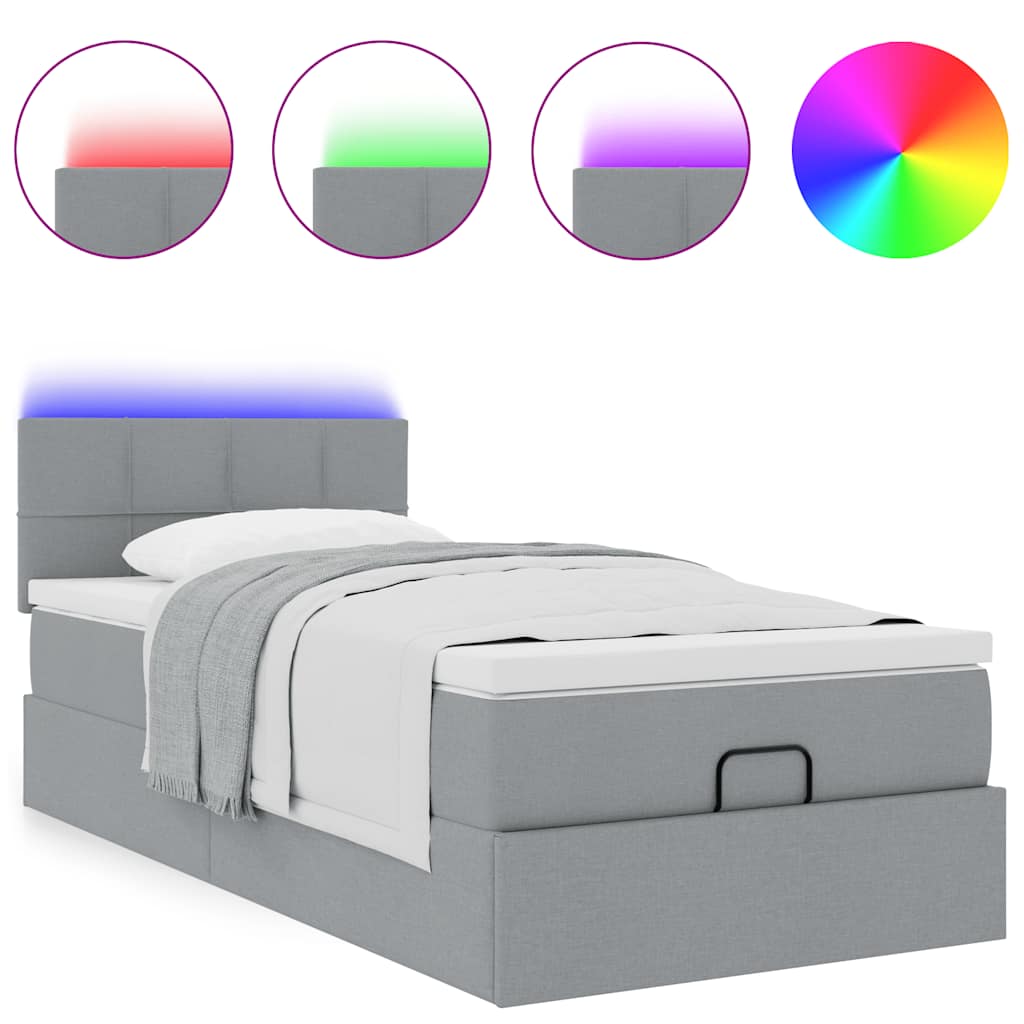 Otomanski krevet s madracem&LED svijetlosivi 90x200 cm tkanine