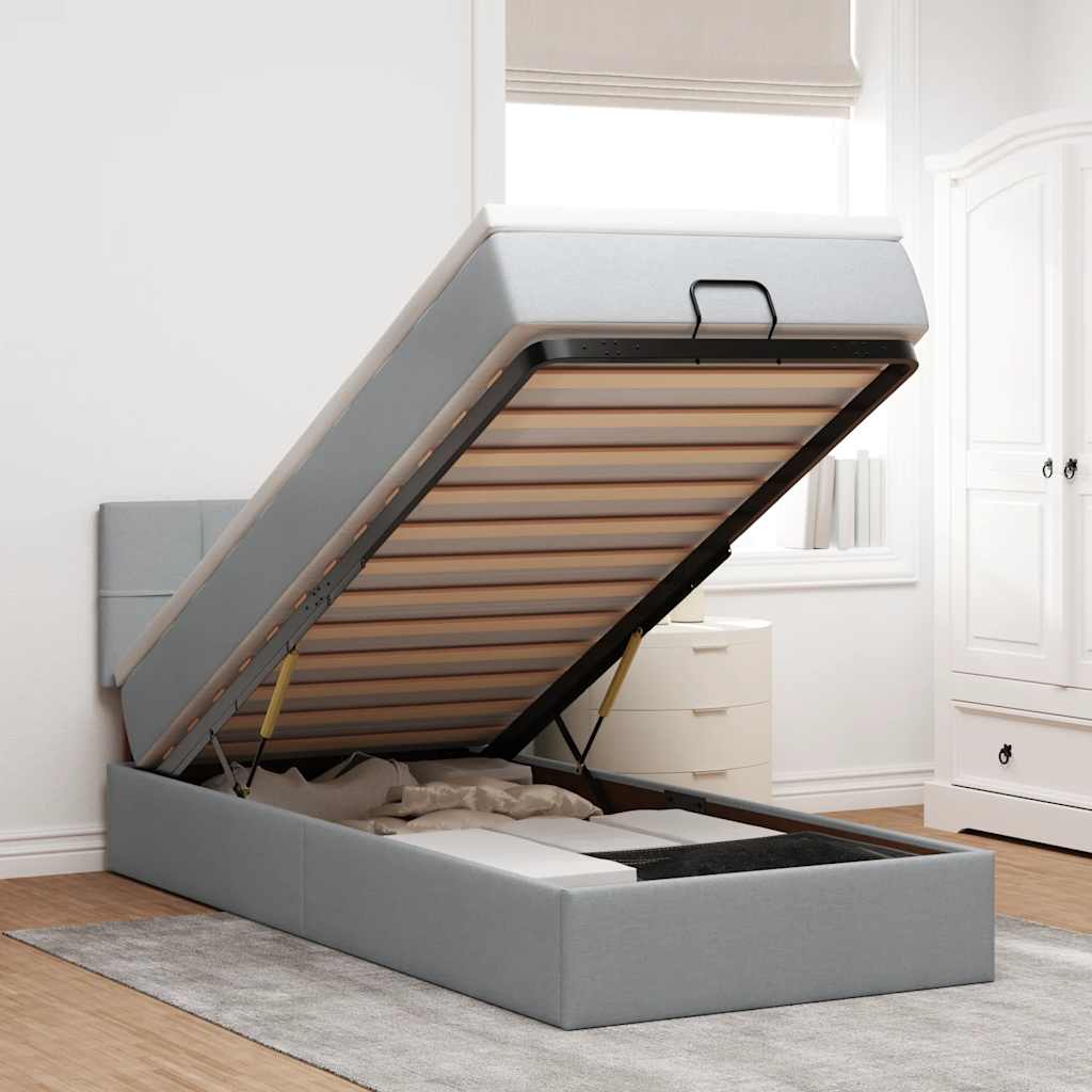 Otomanski krevet s madracem&LED svijetlosivi 90x200 cm tkanine