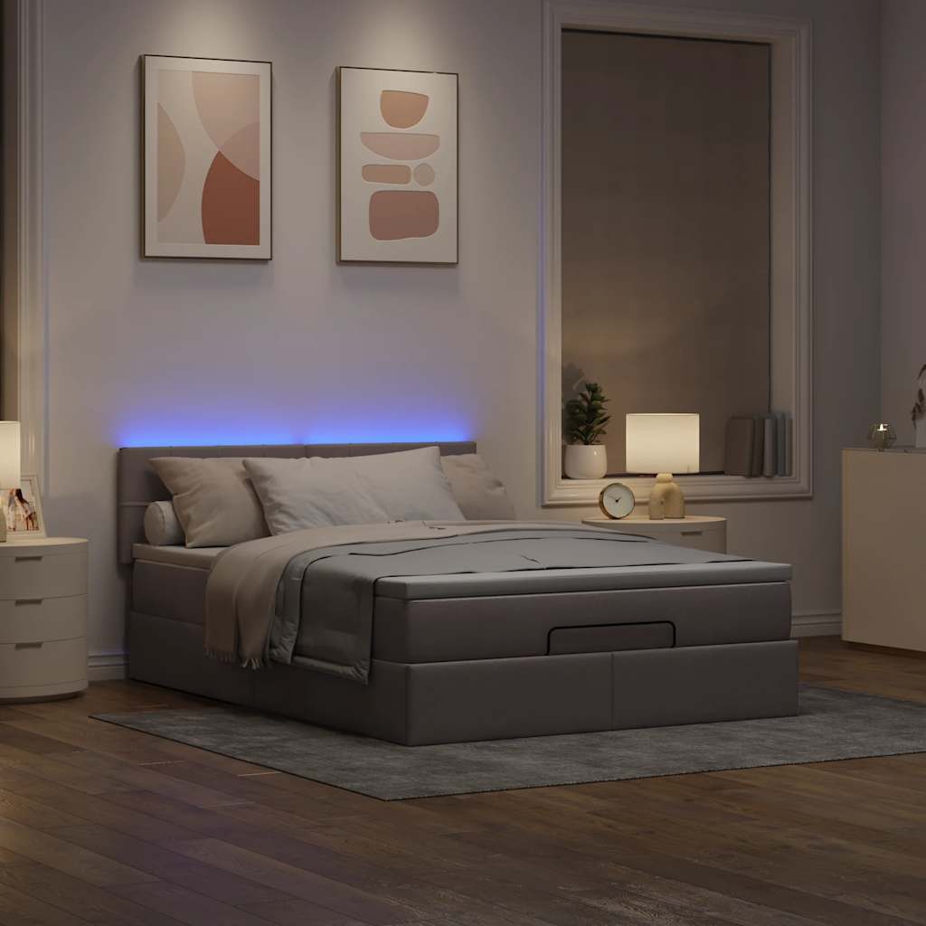 Otomanski krevet s madracem i LED smeđesivi 140x200 cm tkanine