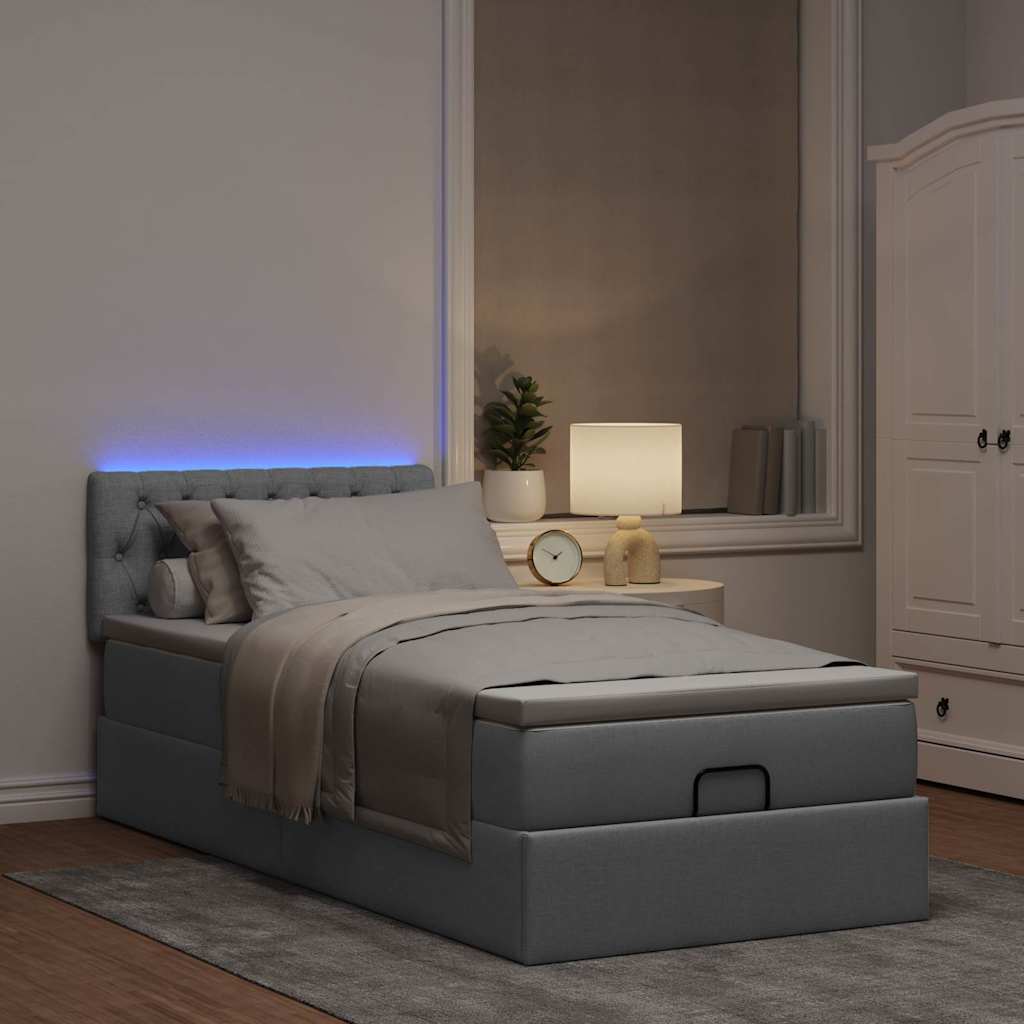Otomanski krevet s madracem&LED svijetlosivi 90x200 cm tkanine