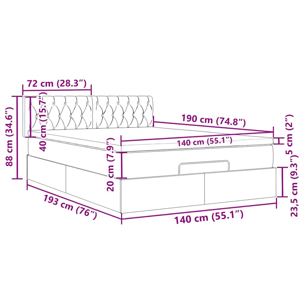 Otomanski krevet s madracem i LED diodama tupe 140x190 cm