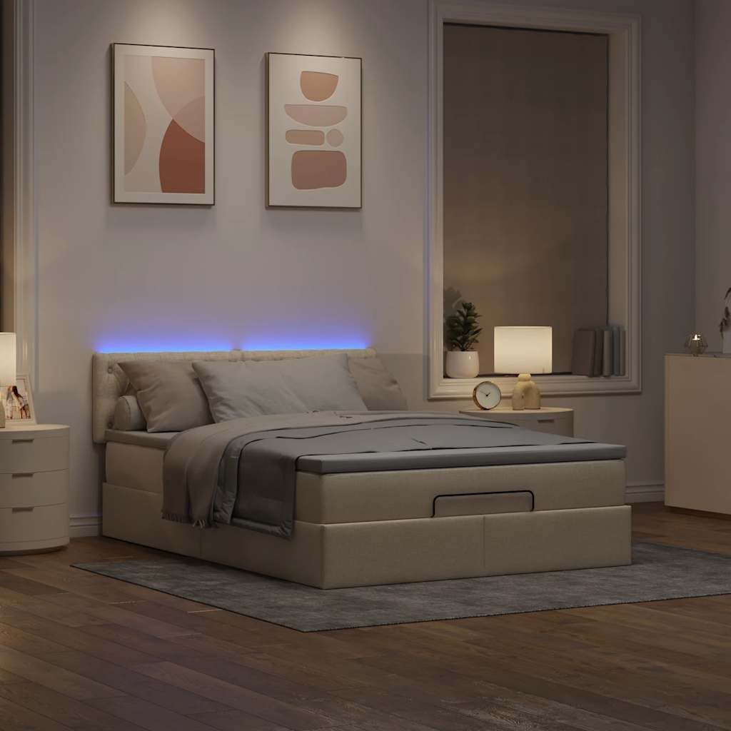 Otomanski krevet s madracem i LED krem 140x200 cm tkanine