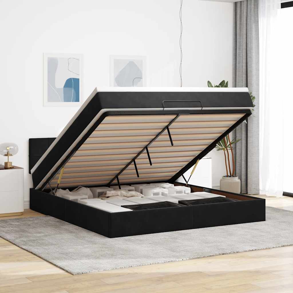 Otomanski krevet s madracem i LED crni 160x200cm tkanine