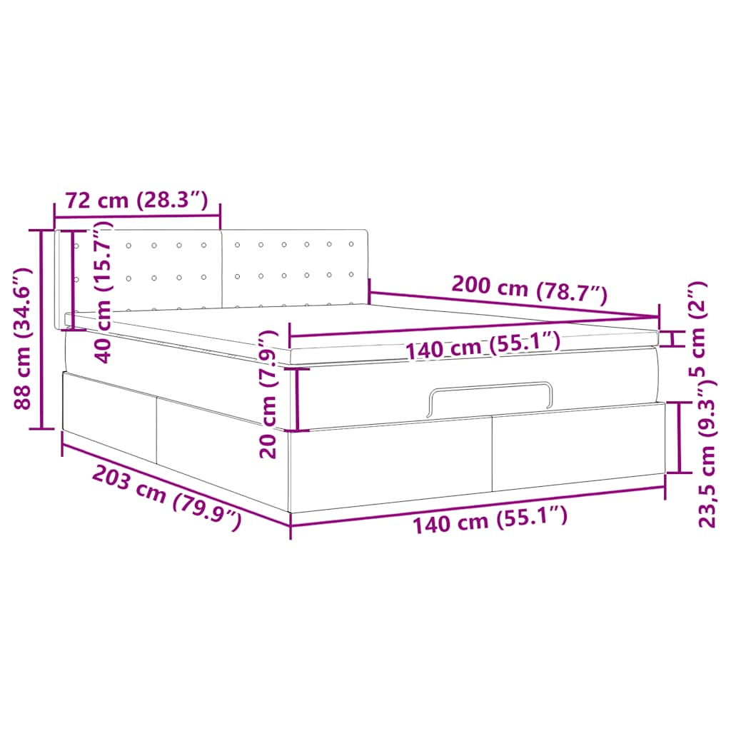 Ottoman krevet s madracem i LED diodama tamnoplavi 140x200 cm baršun