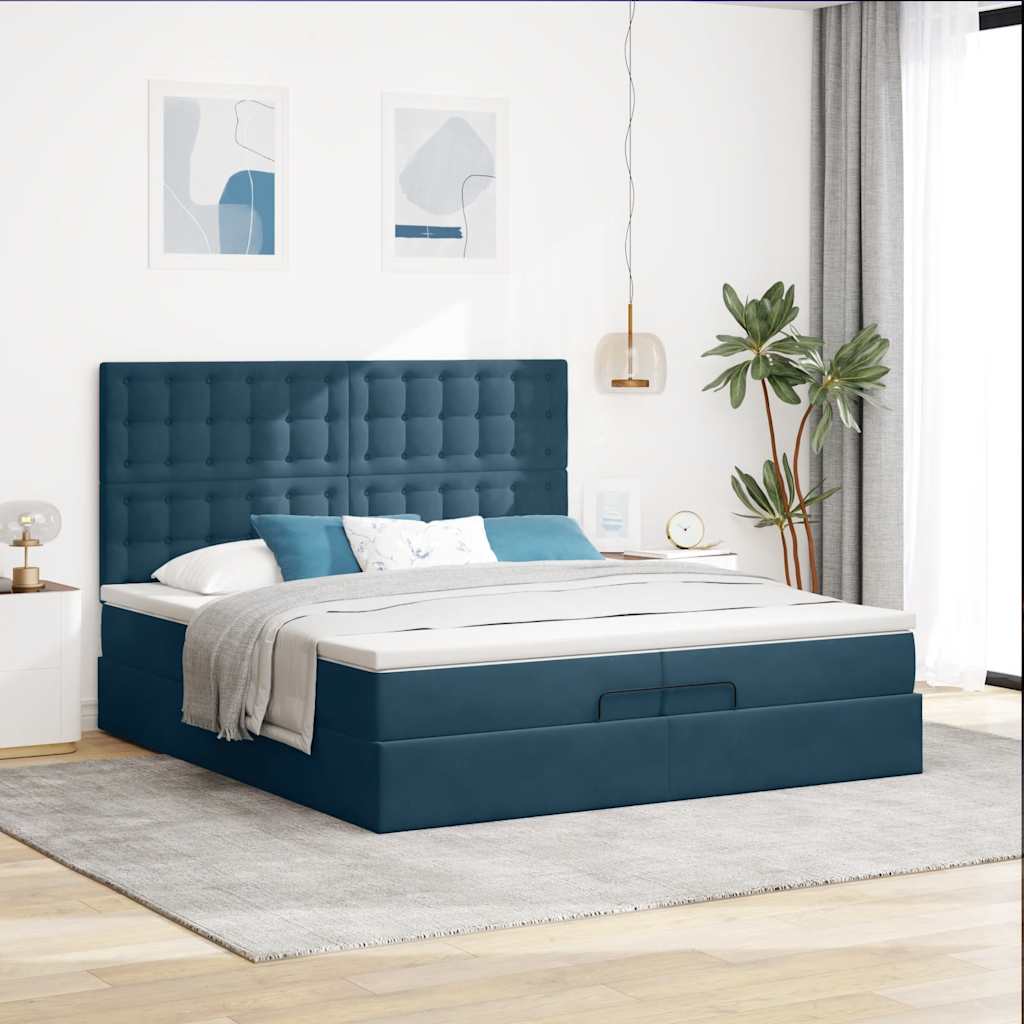 Otomanski okvir kreveta s madracima plavi 200x200cm baršunasti