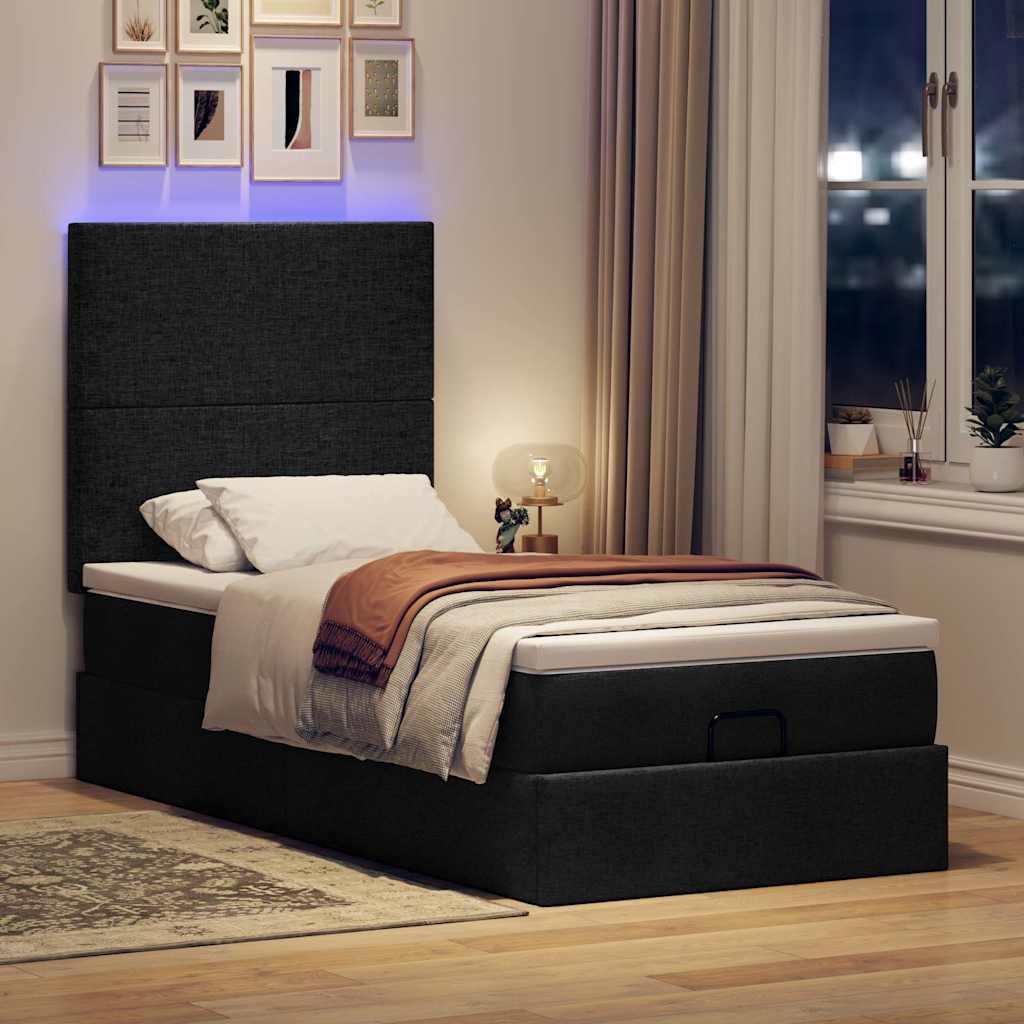 Otomanski krevet s madracem i LED crna 80x200cm tkanina