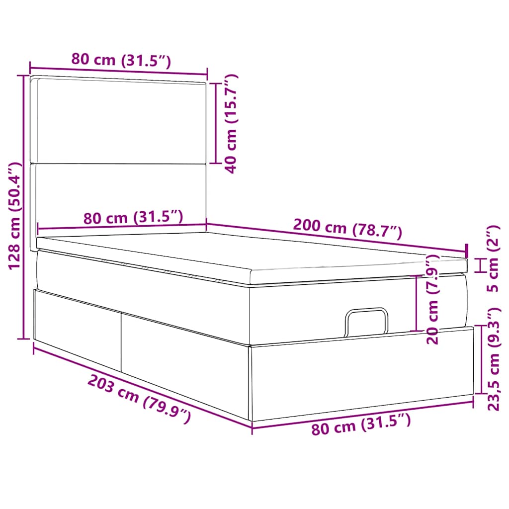 Otomanski krevet s madracem i LED crna 80x200cm tkanina