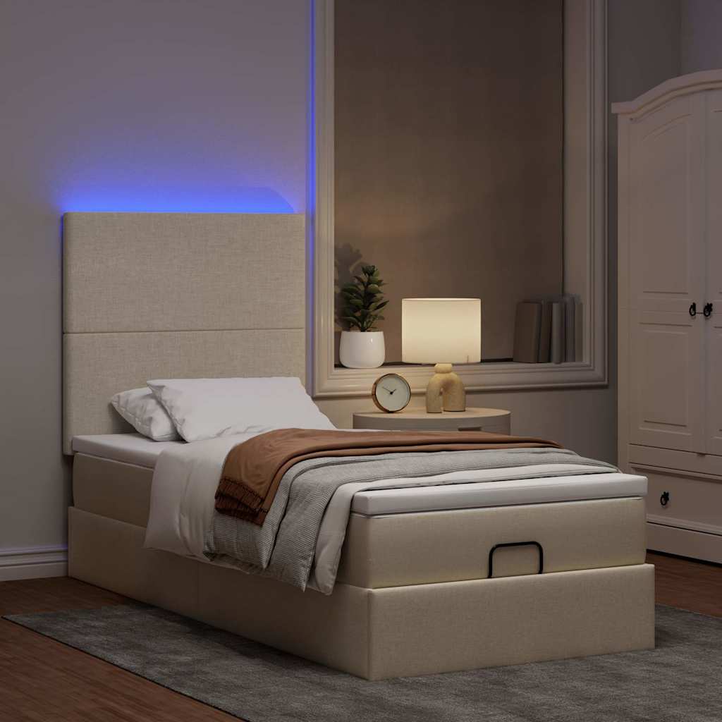 Otomanski krevet s madracem i LED krem 90x200 cm tkanine