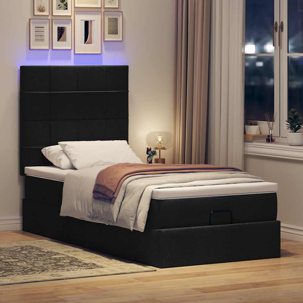 Otomanski krevet s madracem i LED crna 80x200cm tkanina