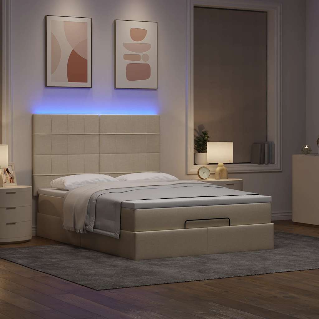 Otomanski krevet s madracem i LED krem 140x190 cm tkanine
