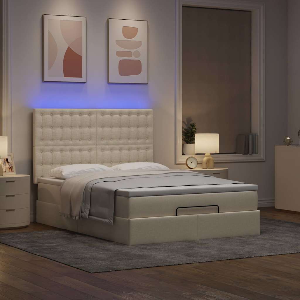 Otomanski krevet s madracem i LED krem 140x200 cm tkanine