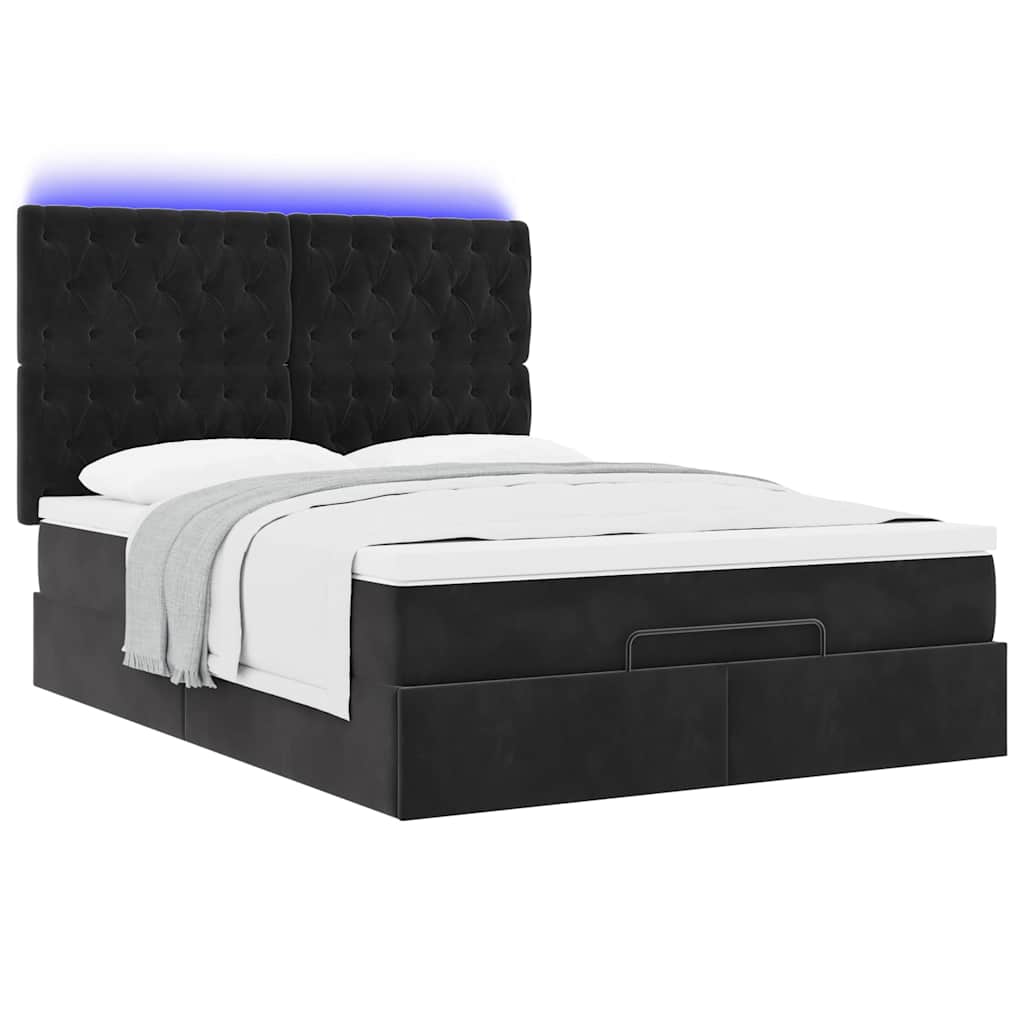 Ottoman krevet s madracima i LED diodama crni 140x200 cm baršun