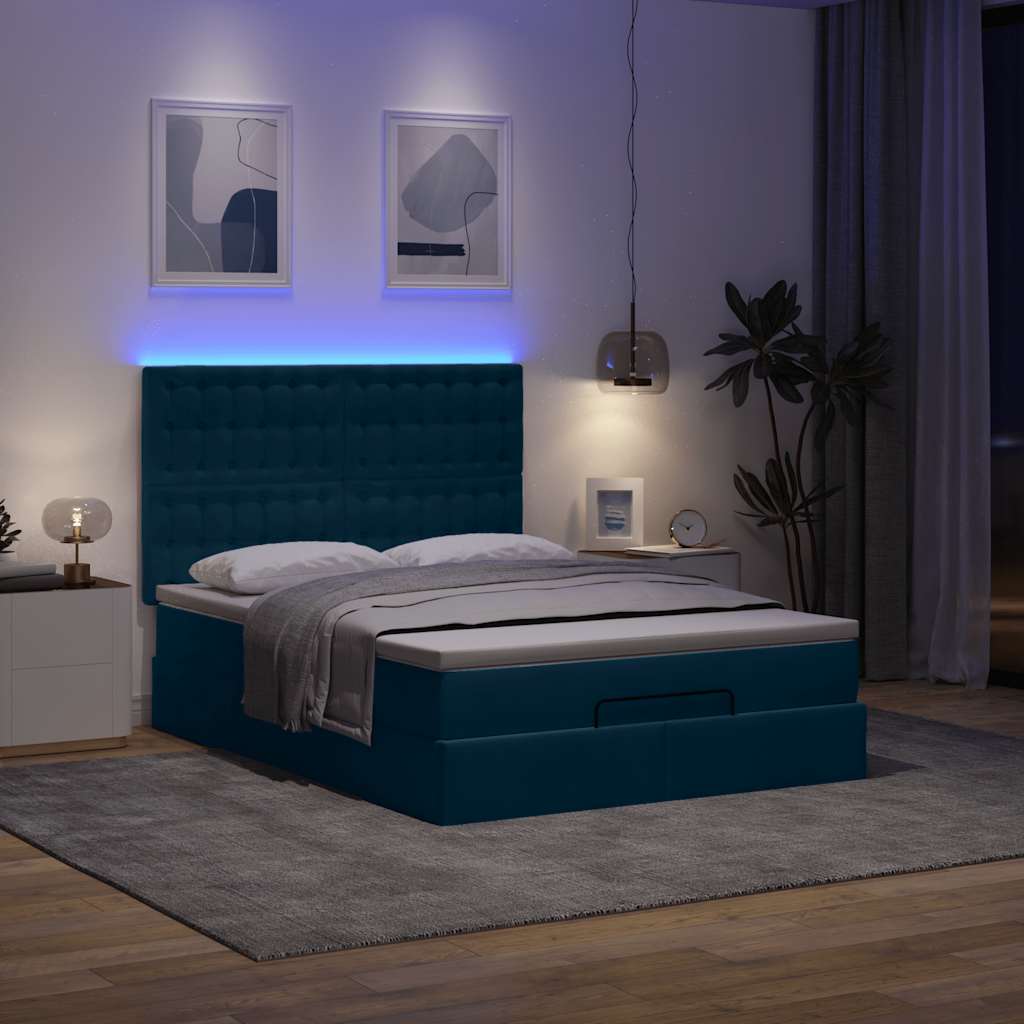 Ottoman krevet s madracima i LED diodama tamnoplavi 140x200 cm baršun