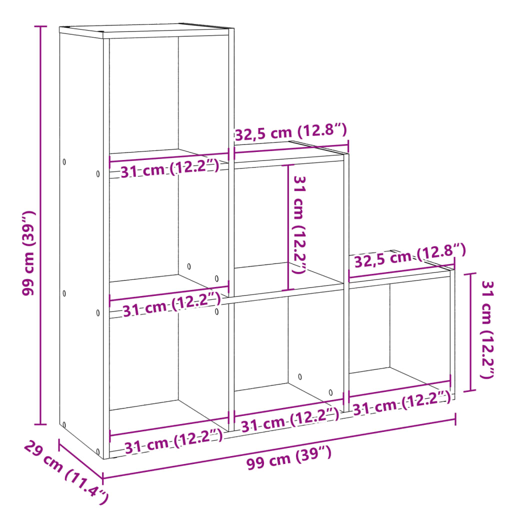 Pregrada / regal za knjige 3 razina boja drva 99x29x99cm drveni
