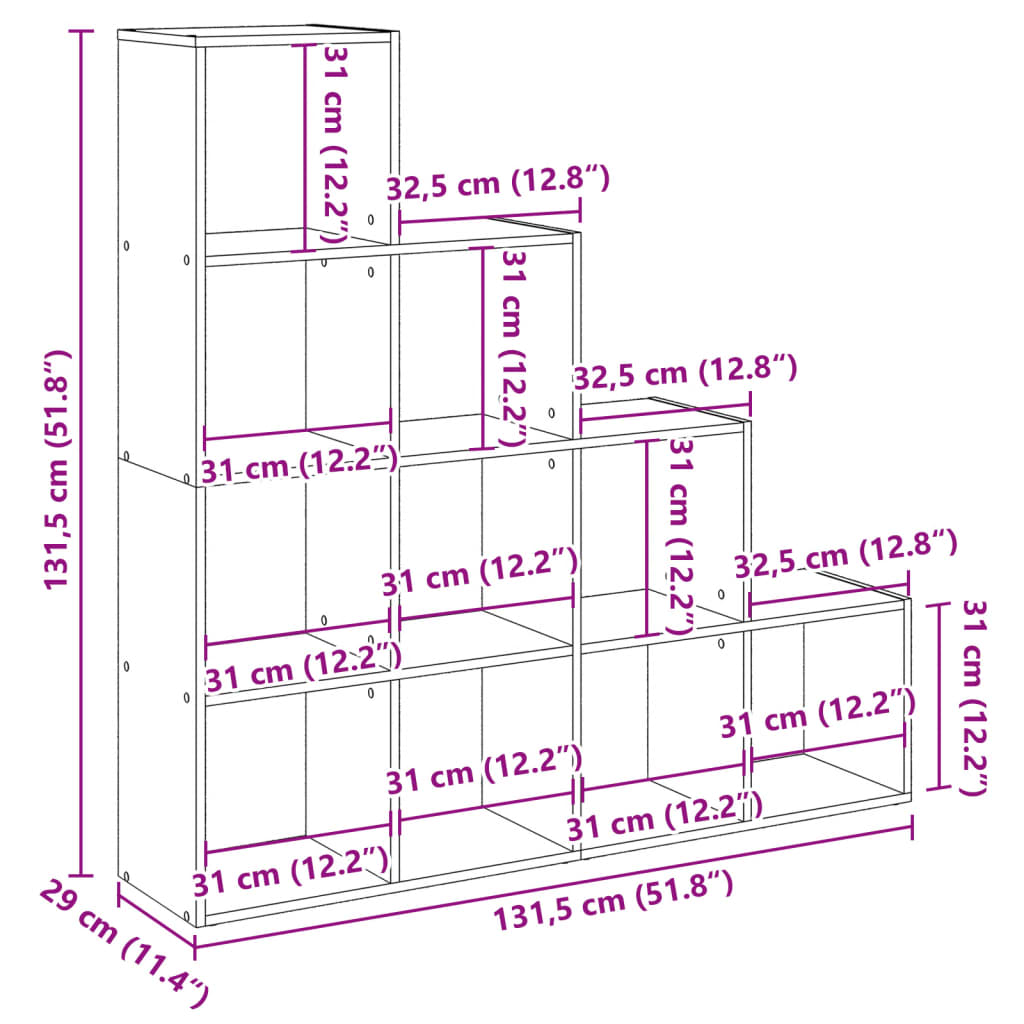 Pregrada za knjige 4 razine bijeli 131,5x29x131,5 cm drvena