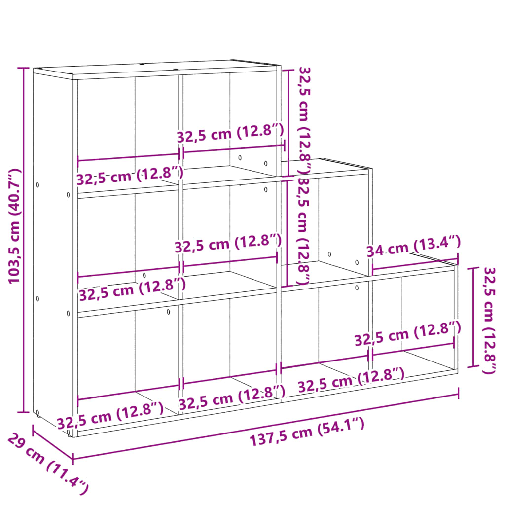 Pregrada/regal za knjige 3 razine sivi 137,5x29x103,5 cm drveni