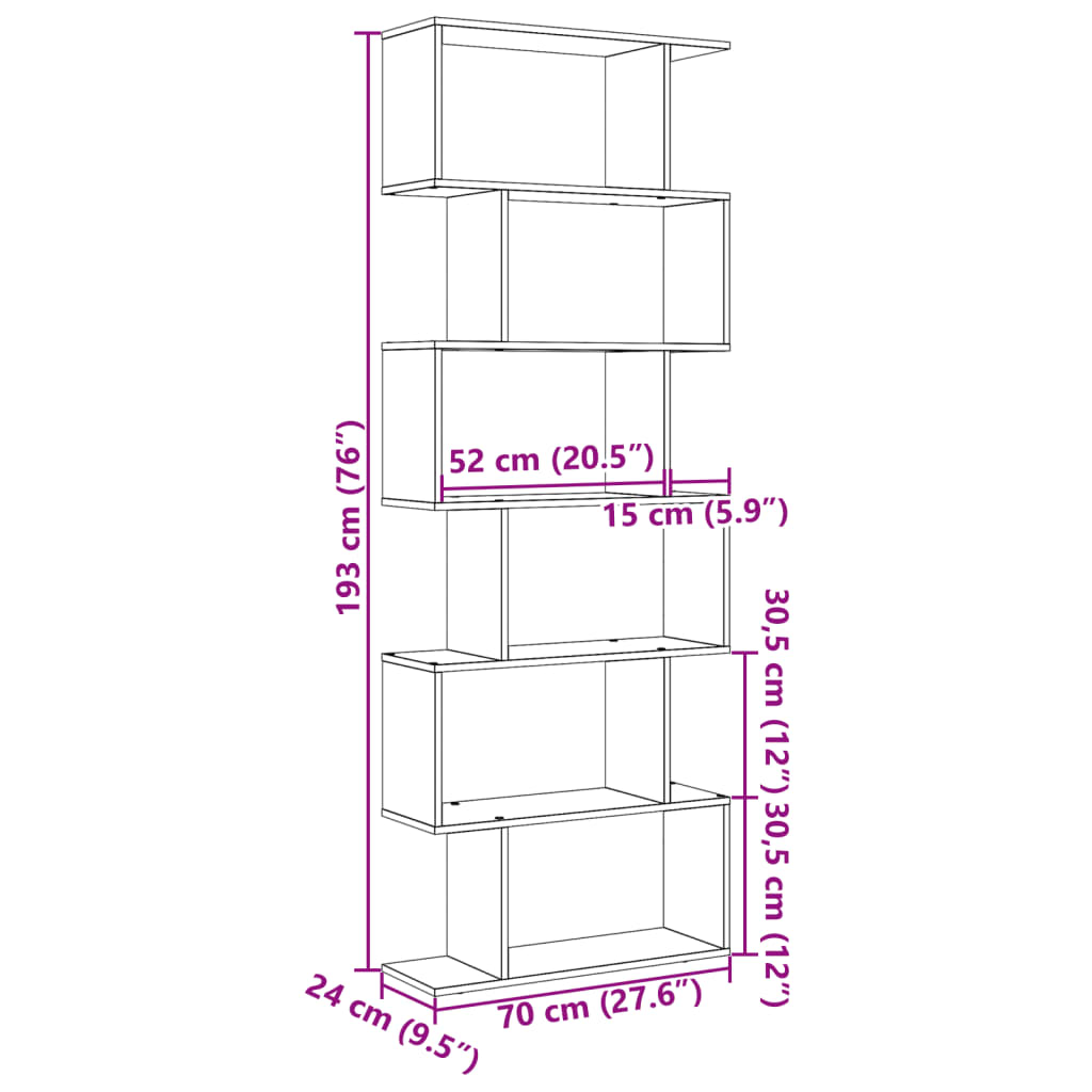 Pregrada / regal za knjige 6 razina sonoma 70x24x193 cm drveni
