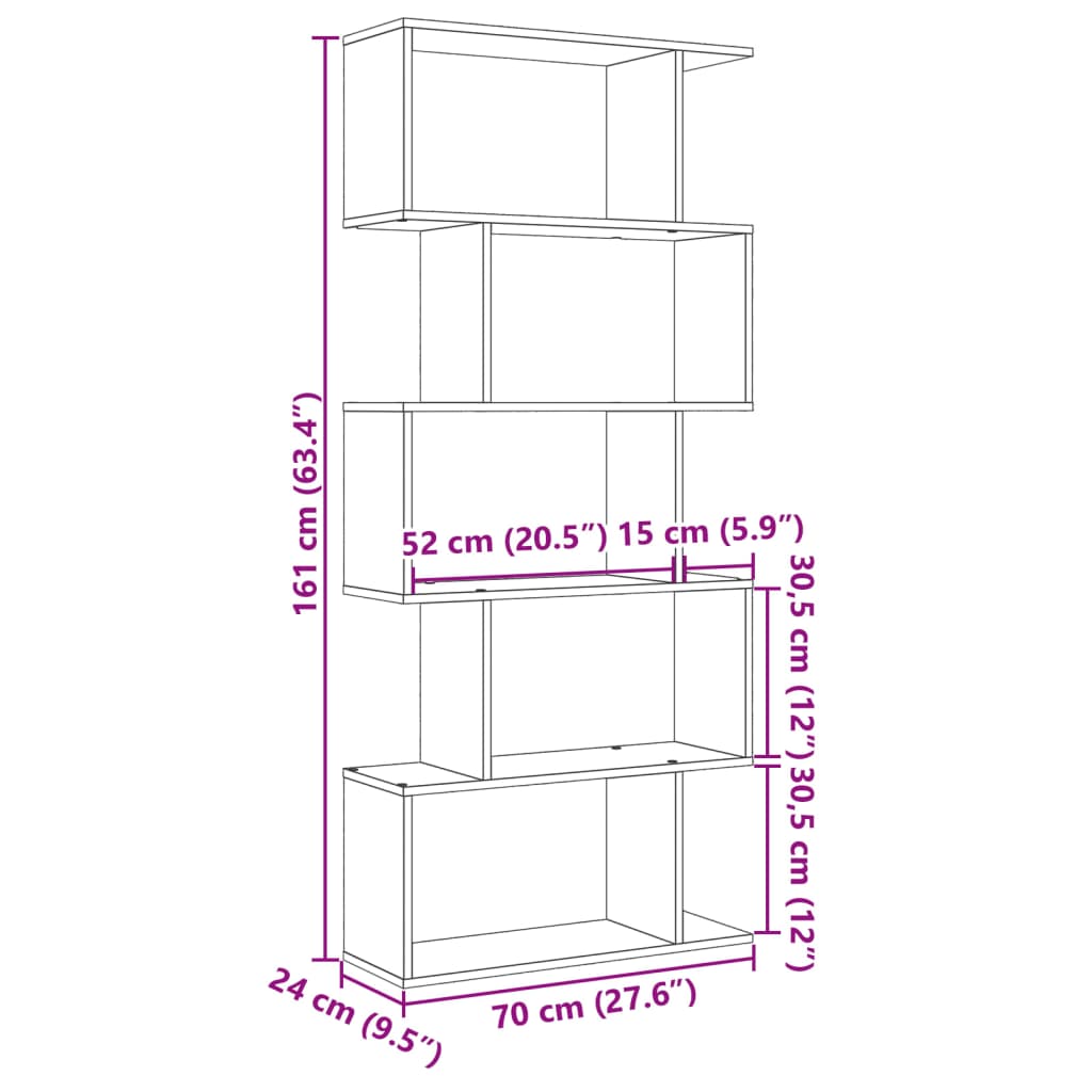 Pregrada / regal za knjige 5 razina sivi 70x24x161 cm drveni