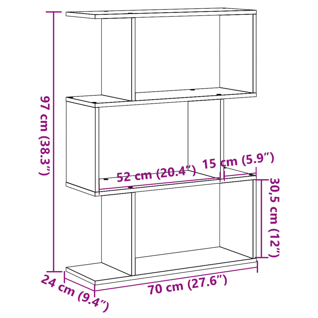 Pregrada / regal za knjige 3 razina sivi 70x24x97 cm drveni