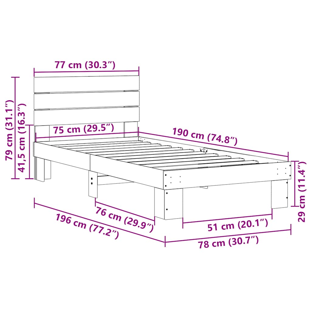 Okvir kreveta uzglavljem bez madraca 75x190 cm puno drvo hrast