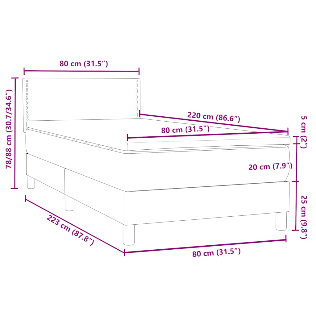 Box Spring krevet s madracem svijetlo sivi 80x220 cm samt