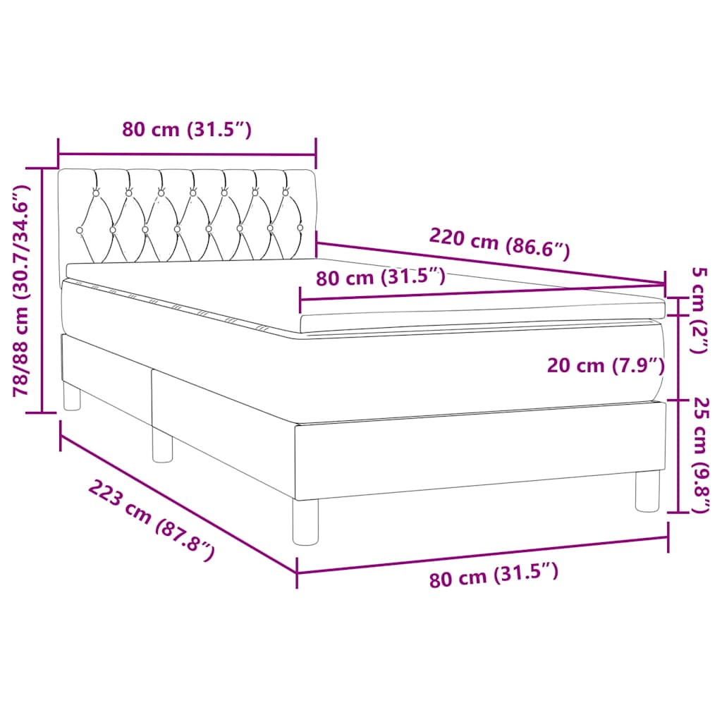 Box spring krevet s madracem tamnosivi 80 x 220 cm baršunasti