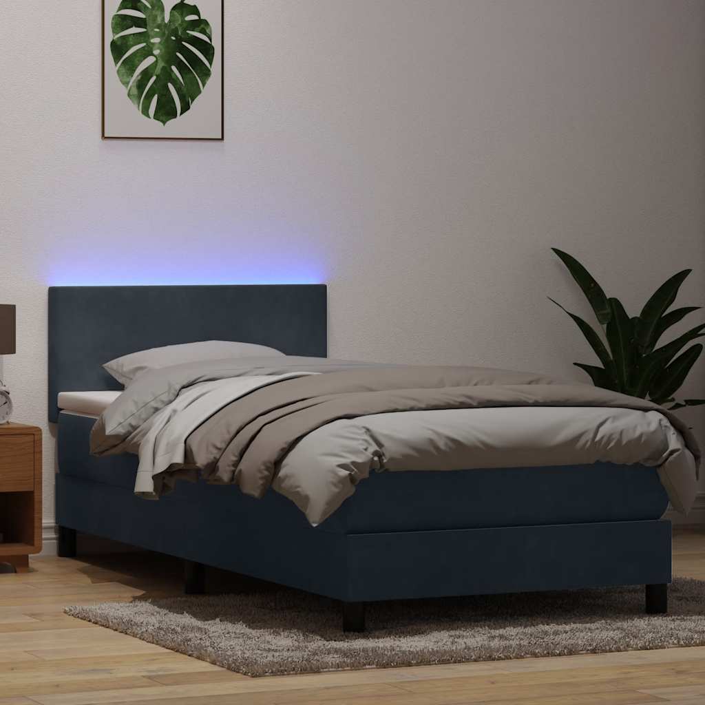 Box Spring krevet s madracem i LED tamnosivi 90x220 cm baršunasti