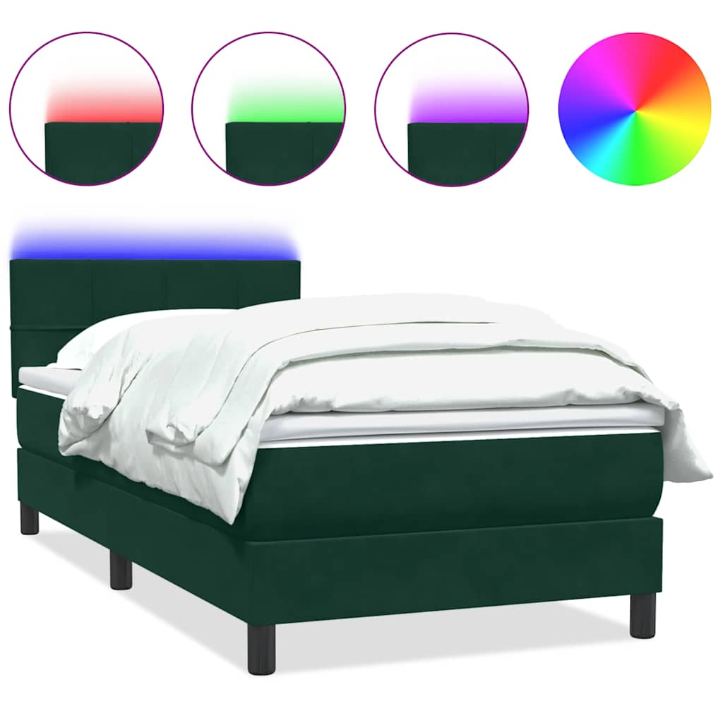 Box Spring krevet s madracem i LED tamnozeleni 80x220 cm baršun