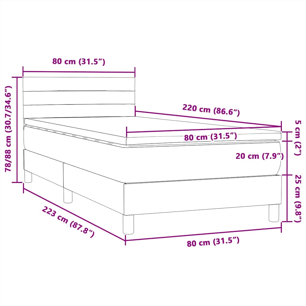 Box Spring krevet s madracem i LED svijetlo sivi 80x220 cm samt