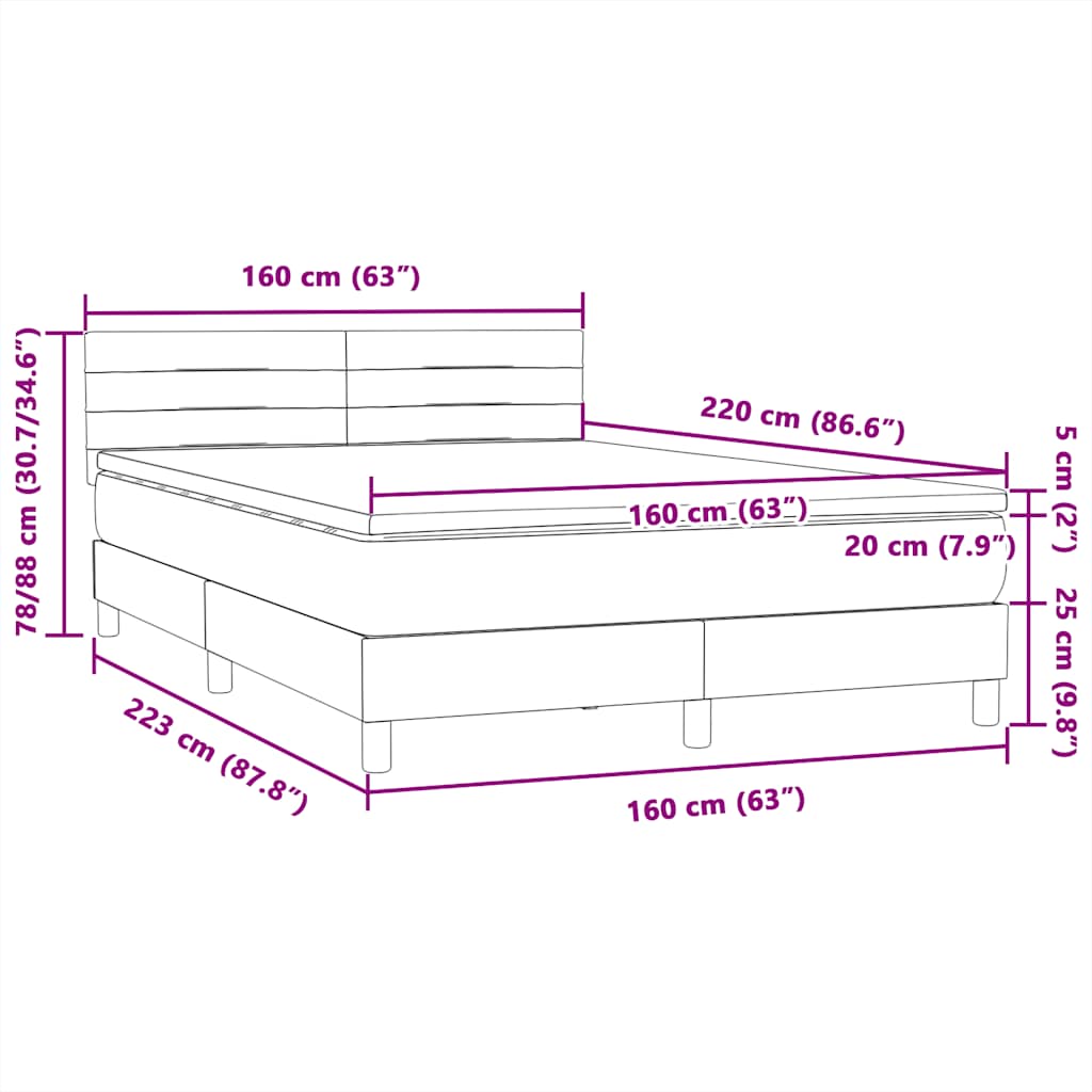 Krevet s oprugama i madracem LED svjetlosivi 160x220 cm baršunasti