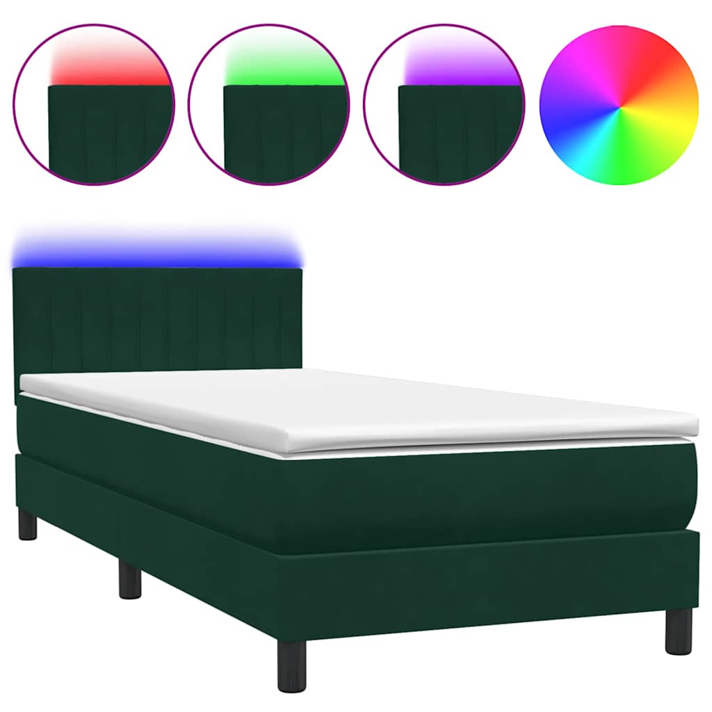 Box Spring krevet s madracem i LED tamnozeleni 80x220 cm baršun